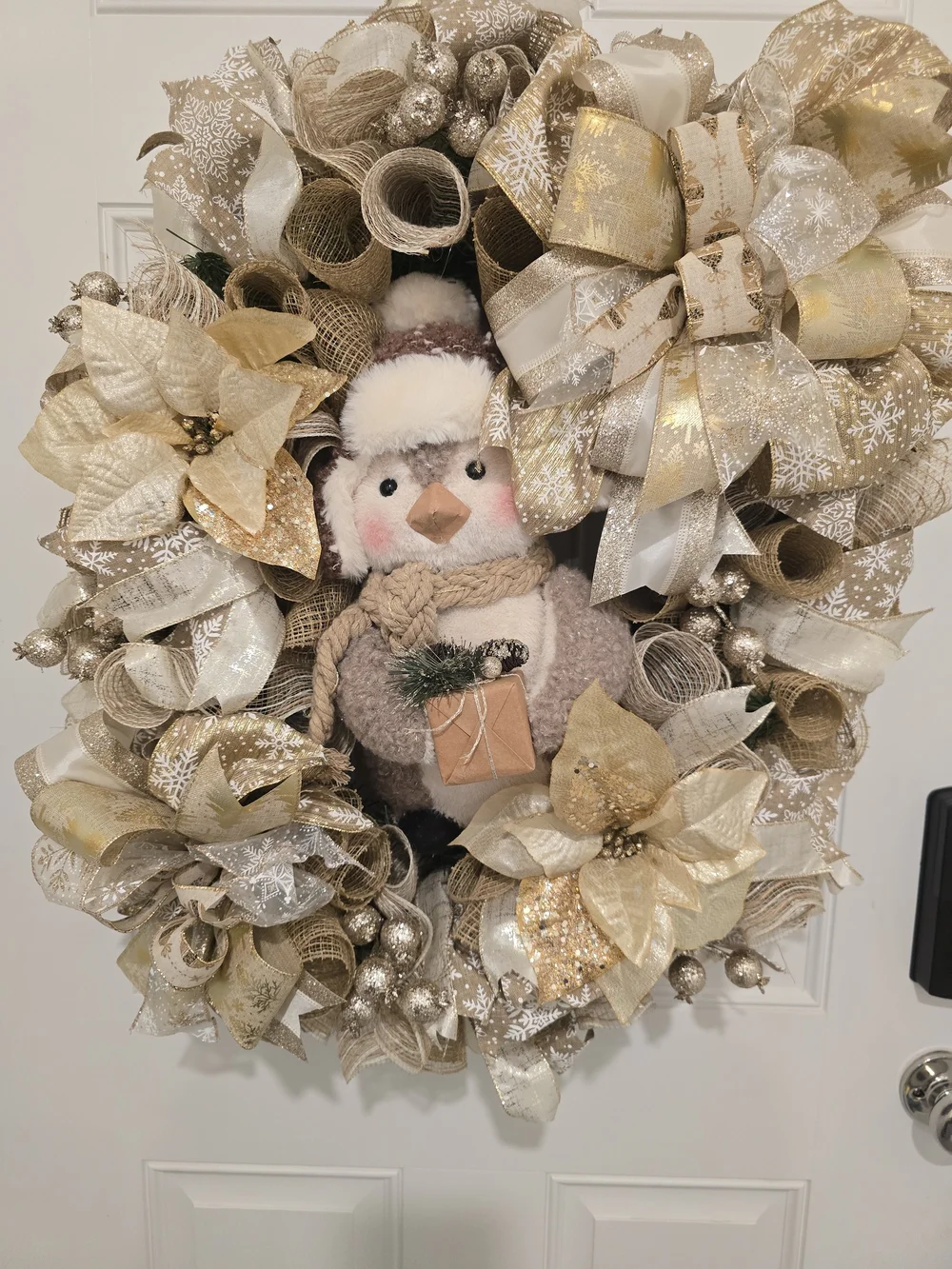 winter Penguin Holiday Wreath Christmas Gold and Cream Holiday Wreath with